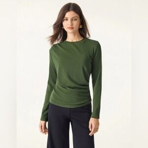 OGL Moss Green Light Warm Crewneck Tucked Top Ruched Side Size Large NWT